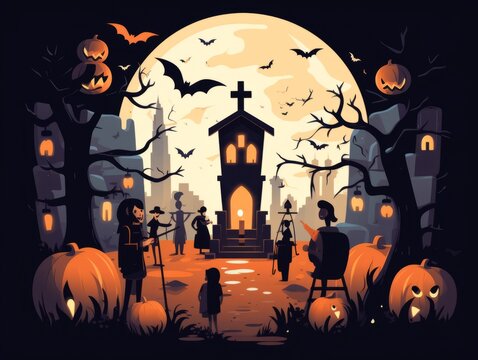 AI Generative. A character illustration of a group of people are making a Halloween theme background
