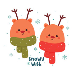 hand drawing cartoon deer couple wearing scarf. cute animal wallpaper for winter card, background