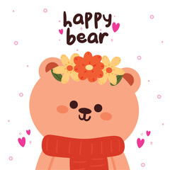 hand drawing cartoon bear wearing scarf wearing flower crown. cute winter wallpaper and background for card