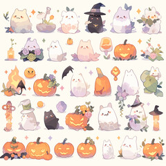 halloween cute rabbit animals cat magic hats magician emoji expressions