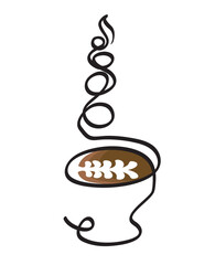 One line drawing of a cup of hot latte.
One continuous line drawing of hot coffee.