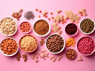 Bowls of pet food on a pink background. Generated by AI.