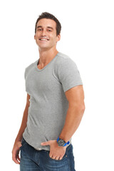 Portrait, fashion and smile with a man in studio isolated on a white background for classic style. Happy, confident and a trendy young model looking strong in a t-shirt or masculine clothes outfit