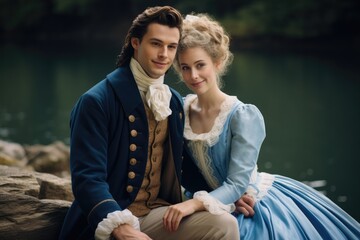 Romantic Young Couple in Regency Era Clothing Royal Vintage Victorian 18th Century Blue Attire Sitting Near a Lake 