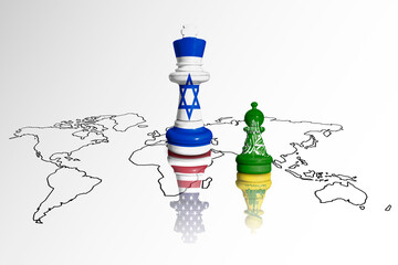 Chess made from Israel and Hamas with USA and  Hezbollah flags reflection. Gaza and Israel war