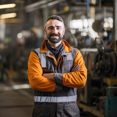 Candid shot of a smiling confident male factory worker with arms crossed, industrial construction industry