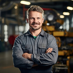 Candid shot of a smiling confident male factory worker with arms crossed, industrial construction industry