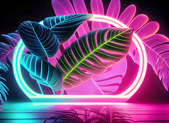 Glowing Neon Light on Fluorescent Tropic Leaves Background and neon curved wave, Generative AI.