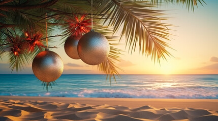 Christmas tree decorations on tropical beach at sunset. Holiday and celebration concept. Christmas tree and Colorful ornaments on the beach with palm trees at sunset