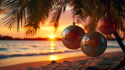 Christmas tree decorations on tropical beach at sunset. Holiday and celebration concept. Palm tree and Colorful Christmas ornaments on the beach with palm trees at sunset