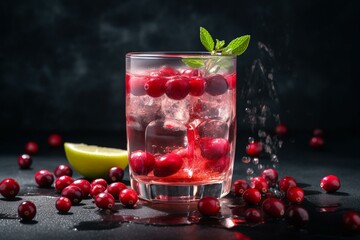 Refreshing cranberry-infused water with a splash, created with pure ingredients. Healthy, detoxifying drink concept with ice cubes. Generative AI