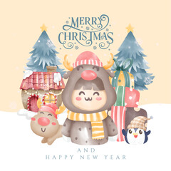 Merry christmas and happy new year. watercolor design template
