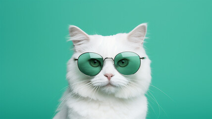 Cool cat concept design, white cat wearing eyes glasses isolated on background,