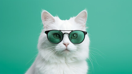 Cool cat concept design, white cat wearing eyes glasses isolated on background,