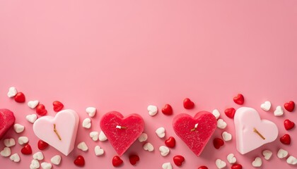 Top view of heart shaped marshmallow, candles and sprinkles on pink background with copy space