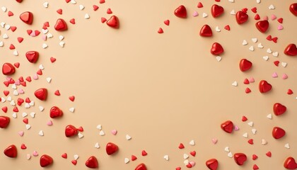 Top view of heart shaped candies on beige background with copy space