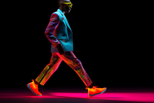 African man in neon costume and neon shoes, in the style of futuristic pop, luminous color palette