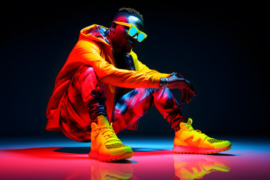 African man in neon costume and neon shoes, in the style of futuristic pop, luminous color palette