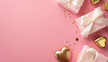 Top view of pink gift boxes with white ribbons, heart shaped candles and golden sequins on pink background with copy space