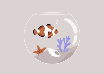 A circular fish tank filled with coral and seashells, and a clownfish gracefully swimming within - obrazy, fototapety, plakaty