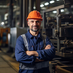 Candid shot of a smiling confident male factory worker with arms crossed, industrial construction industry