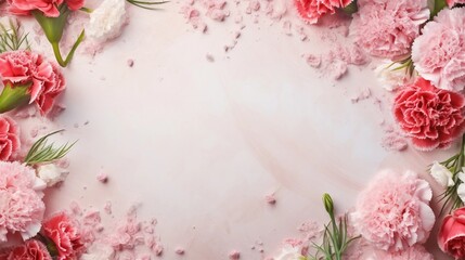 space for text on textured background surrounded by Carnation flowers from top view, background image, AI generated