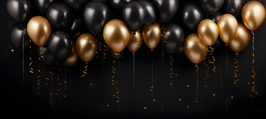 Naklejka premium Black and golden balloons with sparkles high detailed background