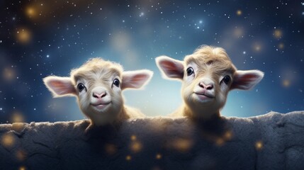 space for text on textured background with cute baby goats from top view, background image, AI generated