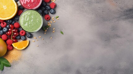 space for text on textured background surrounded by delicious smoothies from top view, background image, AI generated - obrazy, fototapety, plakaty