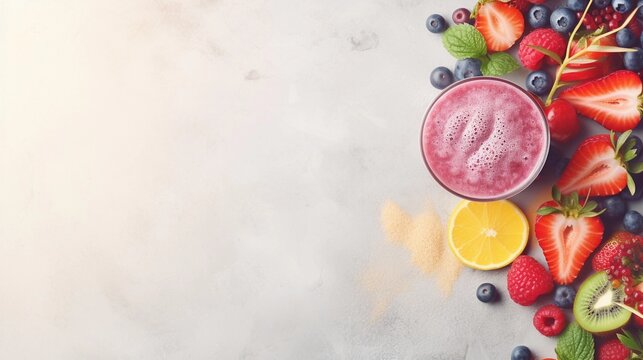 space for text on textured background surrounded by delicious smoothies from top view, background image, AI generated