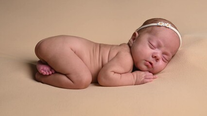 Sleeping newborn cute baby girl during first week of life. 4k slow motion120 fps raw video. Happy family concept. Small baby sleep in bed with small bear toy in hand and nipple