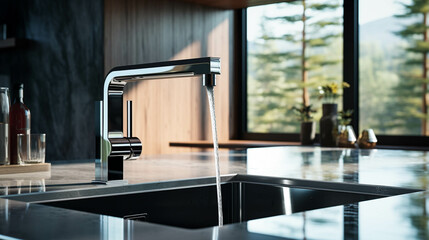 Modern kitchen with a tap on. Water waste concept photo - obrazy, fototapety, plakaty