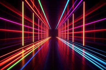 Colorful neon lines glowing in dark room. Generative AI