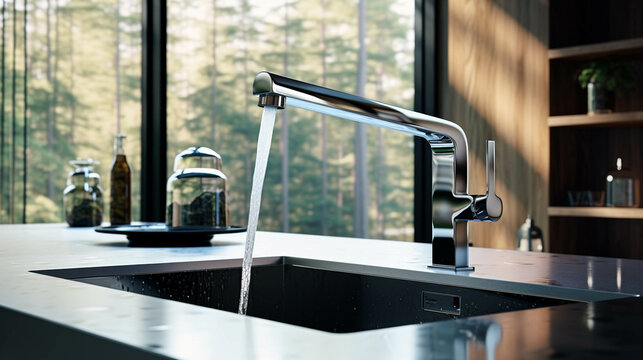 Modern kitchen with a tap on. Water waste concept photo