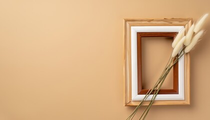 Top view of wooden photo frame and white lagurus flowers on beige background