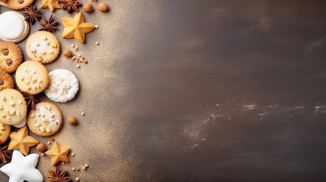 space for text on textured background surrounded by delicious cookies from top view, background image, AI generated