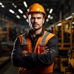 Candid shot of a  confident male factory worker with arms crossed, industrial construction industry