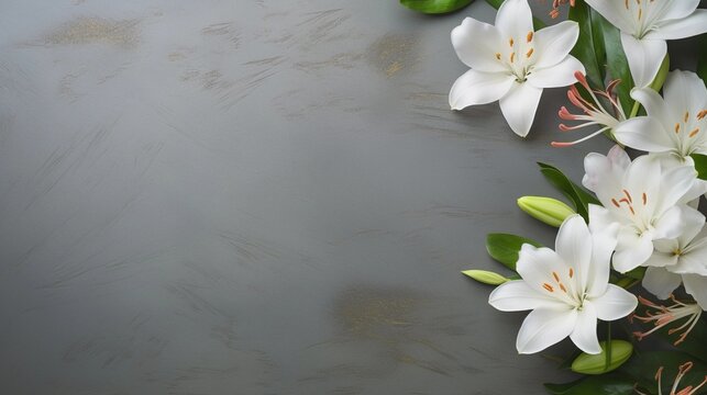 space for text on textured background surrounded by lily and jasmine flowers from top view, background image, AI generated