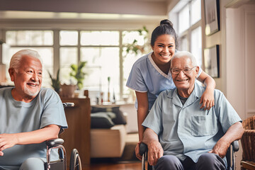 Fototapeta na wymiar Nurse or geriatric assistant and caring for sick elderly in a nursing home. Generative ai