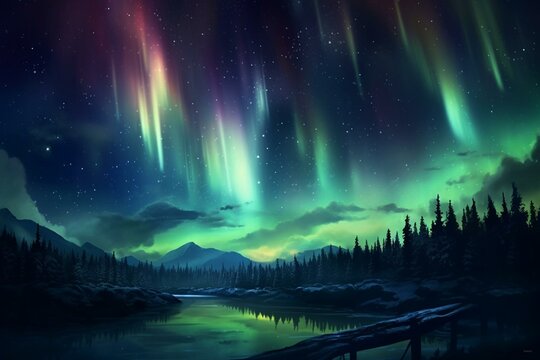 night sky with bright aurora lights. Generative AI