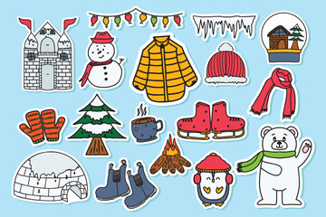 Obraz premium Winter Sticker Collection, Winter doodle, winter and christmas, christmas and happy new year
