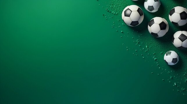 space for text on green textured background surrounded by soccer balls from top view, background image, AI generated