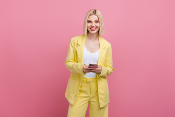 Photo of pretty adorable woman dressed blazer suit communicating instagram twitter telegram...