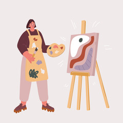 Vector illustration of Woman artist near the easel and painting. Young painter with palette. Creative profession.