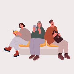 Vector illustration of Row of people sitting side by side while waiting for doctor in hospital lobby