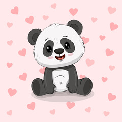 Cute cartoon panda isolated on background with hearts. Postcard for Valentine's Day. Vector illustration