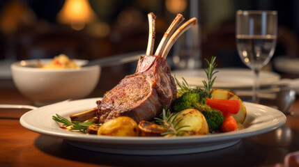 Traditional, roasted rack of lamb cutlets with vegetables and herbs