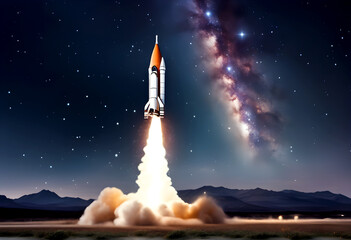 space rocket taking off, night sky with milky way, AI generated - obrazy, fototapety, plakaty