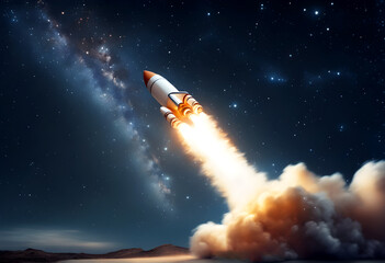 Naklejka na ściany i meble space rocket taking off, night sky with milky way, AI generated