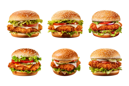 fresh crispy chicken burger collection isolated on a transparent background